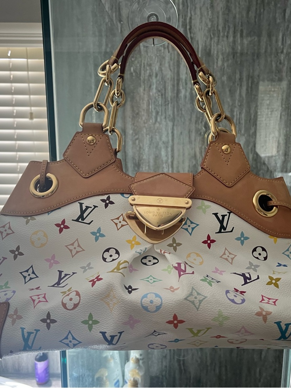Louis Vuitton Multicolor Monogram White Canvas Tote with Tan Leather Trim